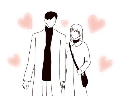 カップルイラスト カップル,手,つなぐ,男女,恋人,彼氏,彼女,ハート,ピンク色,コートのイラスト素材
