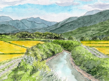 秋の山河 風景画,風景,水彩画,スケッチ,ペンスケッチ,川,草,田んぼ,秋,黄金色のイラスト素材