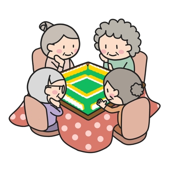 ４人でこたつ麻雀を楽しむおばあちゃんたち 麻雀,こたつ,四麻,4人,卓,牌,健康,趣味,メンツ,グループのイラスト素材