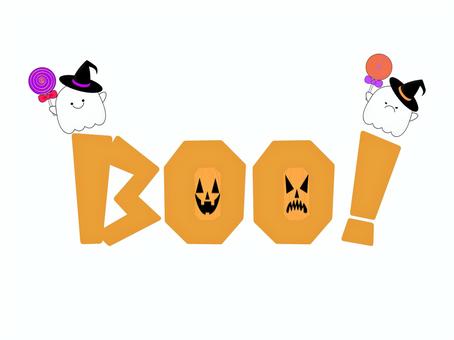 ブー　ロゴ boo,ハロウィン,オレンジ,オバケ,帽子,キャンディ,紫,白背景,素材,秋のイラスト素材