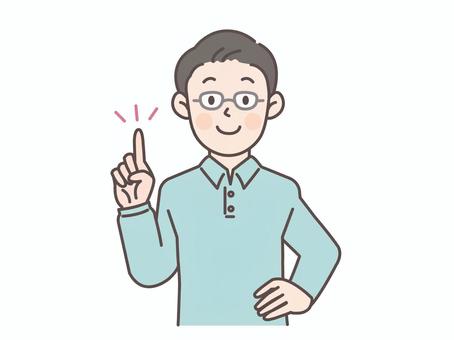 腰に手当てて指差しする眼鏡男性_青シャツ 人物,男性,眼鏡,若い,パパ,夫,父親,かわいい,お父さん,シンプルのイラスト素材