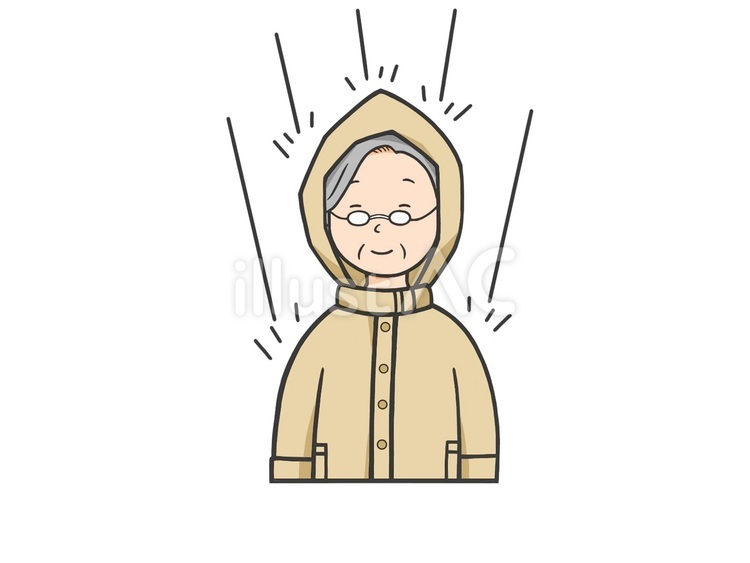 雨の日にレインコートを着たお婆ちゃん 雨,梅雨,雨合羽のイラスト素材