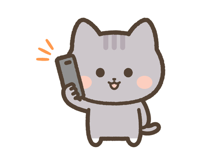 笑顔で電話するねこのイラスト（サバトラ） ねこ,電話,かける,スマホ,連絡,笑顔,日常,表情,電話する,かわいいのイラスト素材