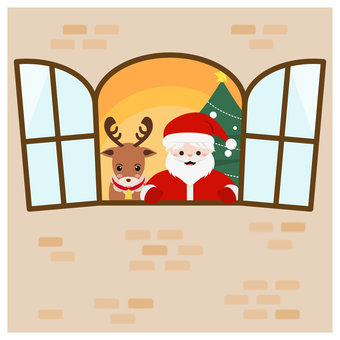 窓から顔を出すサンタクロースとトナカイ クリスマス,サンタクロース,トナカイ,窓,かわいい,ツリー,クリスマスツリー,冬,12月,１２月のイラスト素材