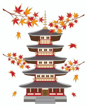 秋の五重塔02_25 紅葉,秋,五重塔,9月,10月,11月,アイコン,イラスト,シンプル,もみじのイラスト素材