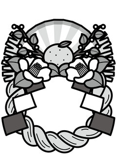 しめ縄飾り-2c しめ縄飾り,正月,新年,正月飾り,しめ縄,扇,みかん,橙,御幣,椿のイラスト素材