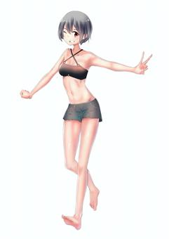 水着を着た少女(グレー) 水着,少女,ビキニ,クロスホルター,ホットパンツ,夏,海,中学生,高校生,プールのイラスト素材