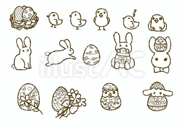 イースターのヒヨコとうさぎセット白黒 イースター,うさぎ,春のイラスト素材