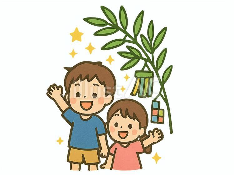 笹の葉と七夕を楽しむ子供のイラスト 七夕,笹の葉,飾りのイラスト素材