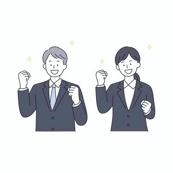 ガッツポーズをするビジネス男女 人物,男女,ビジネス,就活,スーツ,笑顔,応援,成功,喜び,元気のイラスト素材