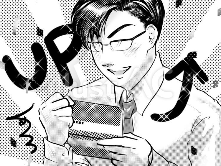 漫画イケメンメガネ会社員給料アップ大喜び 男性,漫画,給料のイラスト素材