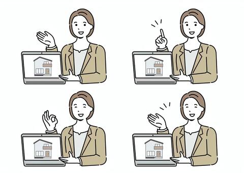 パソコンの画面を見せる女性　住宅 パソコン,仕事,ビジネス,女性,ビジネスウーマン,スーツ,サラリーマン,営業,ビジネスマン,住宅のイラスト素材