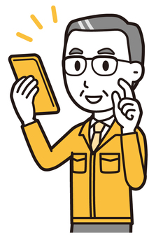  中年作業着(黄)-087-バスト スマホ,中小企業,作業着,中年,ビジネスマン,サラリーマン,会社員,ビジネス,社長,男性のイラスト素材