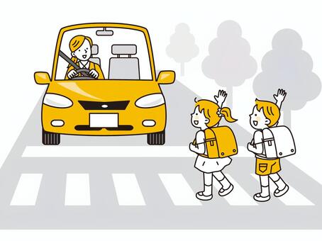 手を上げて横断歩道を渡る子どもたち 交通,安全,小学生,子ども,横断歩道,渡る,通学,男の子,女の子,登校のイラスト素材