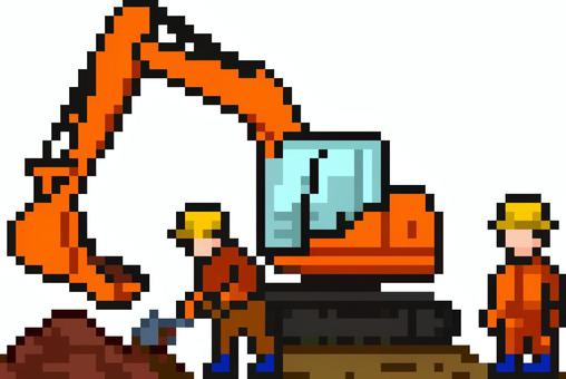 ドット絵のショベルカーを使った工事現場。 ドット絵,ショベルカー,シンプル,建設,現場,重機,作業員,工事,土木,機械のイラスト素材