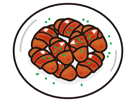 イギリス伝統料理ピックスインブランケット ソーセージ,ウインナー,ベーコン,おつまみ,軽食,スナック,パーティ,クリスマス,ホリデー,イギリス料理のイラスト素材