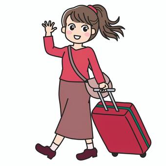 女の子の旅支度｜キャリーバッグを引く姿 キャリーバッグ,帰省,スーツケース,キャリーケース,トランク,荷物,旅行かばん,運搬,移動,歩行のイラスト素材