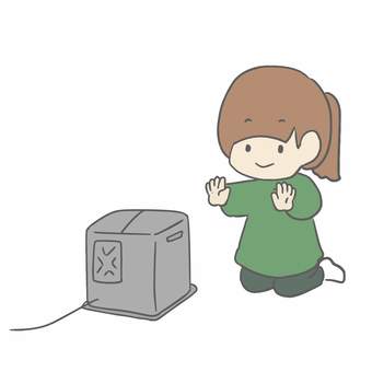 ヒーターでぬくぬく温まる女の子のイラスト ファンヒーター,暖房,温まる,女の子,寒さ対策,暖かい,ぬくぬく,リラックス,くつろぐ,室内のイラスト素材