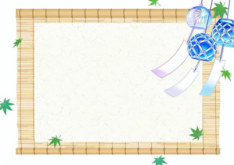 簾と切子風鈴のフレーム•２ 切子風鈴,風鈴,簾,和紙,ガラス,楓,フレーム,背景,枠,飾り枠のイラスト素材