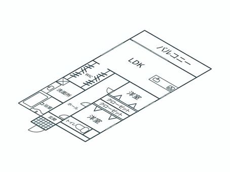 アイソメトリック_間取り15 アイソメトリック,立体,アイソメ,斜め上,間取り,間取り図,マンション,アパート,不動産,住宅のイラスト素材