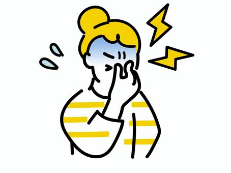 頭痛で眉間を抑える女性 頭痛,痛い,頭,体調,不良,女性,汗,ベクター,イラスト,カットイラストのイラスト素材