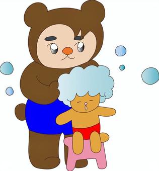 着ぐるみおじさん子グマにシャンプーをする 着ぐるみ,子グマ,洗う,シャンプー,赤パンツ,青パンツ,泡のイラスト素材