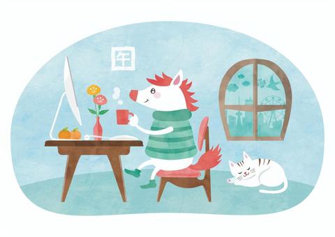 馬と猫の年越し_水彩 馬,猫,水彩,かわいい,年賀状,寒中見舞い,部屋,冬,動物,お正月のイラスト素材