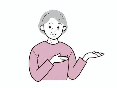両手でどうぞとするシニア女性2／カラー 上半身,長袖,両手,どうぞ,お勧め,おばあさん,老人,高齢者,シニア,女性のイラスト素材