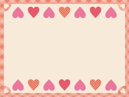 チェック柄とピンクのハート飾り枠（横） ハート,フレーム,バレンタイン,横,枠,飾り枠,メッセージカード,チェック,ピンク,お便りのイラスト素材