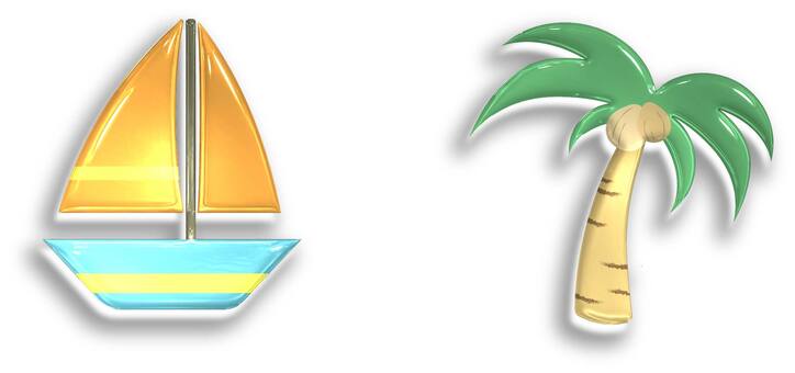 夏ぷっくりイラスト１ 夏,休み,休暇,ヨット,海,浜,波,ヤシの木,実,植物のイラスト素材