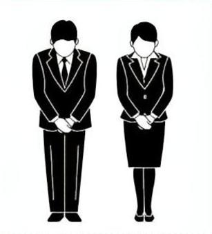 お辞儀する礼服の男女(モノクロ) お辞儀,人,敬意,葬儀,男女,男性,謝罪,お知らせ,お礼,スーツのイラスト素材