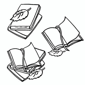 落ち葉と本のイラスト（線画・塗り絵） 読書の秋,本,開いた本,閉じた本,積み重なった本,ブック,しおり,リボンのしおり,落ち葉,紅葉のイラスト素材