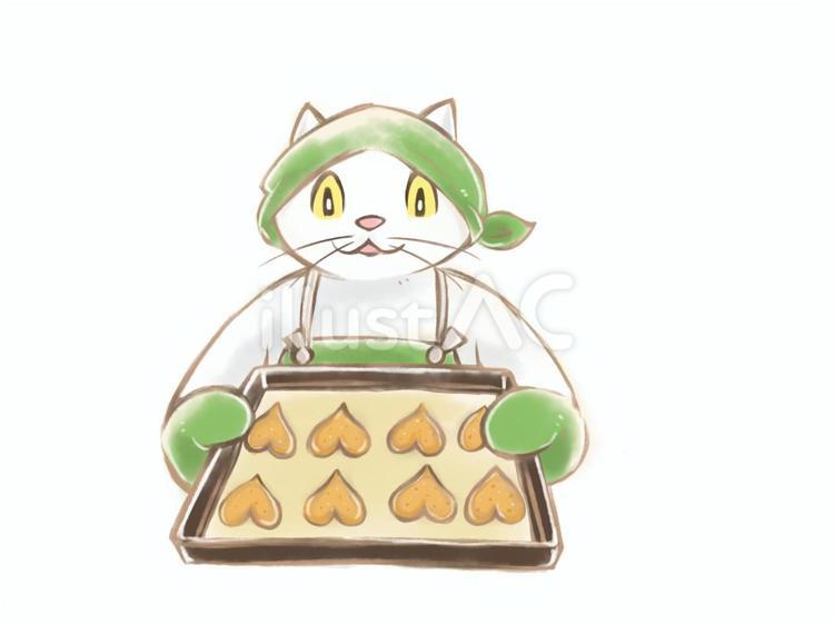 ハートのクッキーを作っている猫 猫,クッキー,ハート型のイラスト素材