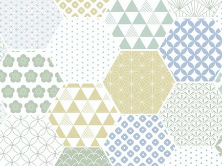 亀甲配置の和柄背景  亀甲,青,緑,年賀状,新年,謹賀新年,梅,鱗,鹿の子,麻の葉のイラスト素材