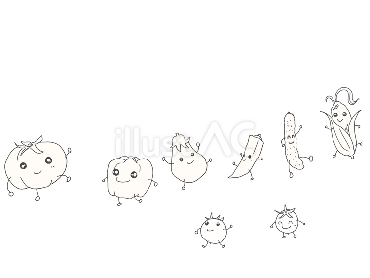 なつやさい（おたより用） 夏野菜,手書き,モノクロのイラスト素材