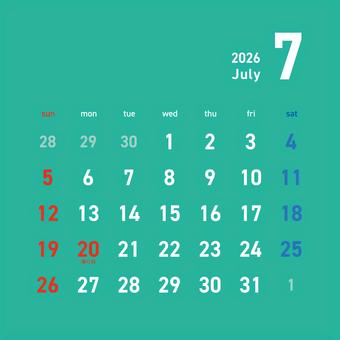 2026カレンダーC1 7月 243 カレンダー,2026年,7月,文月,july,海の日,令和8年,日曜始まり,スケジュール,曜日のイラスト素材