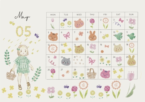 5月カレンダー カレンダー,5月,デザインシート,手帳素材,日付けシート,かわいい,花,動物,女の子,パステルのイラスト素材