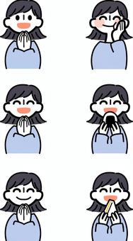 食べ物を食べている女性のイラストセット 人物,ベクター,上半身,かわいい,イラスト,セット,顔,シンプル,笑顔,いただきますのイラスト素材
