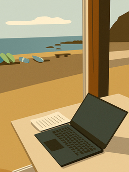 窓辺で働く 海辺のワーケーション 窓辺で働く 海辺のワーケーション ワーケーション,テレワーク,リモートワーク,仕事,ビーチ,海,窓辺,パソコン,ノートpc,デスクのイラスト素材