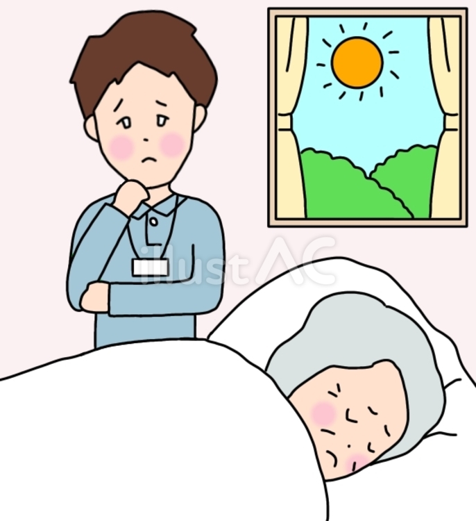 朝起きられないおばあさん　困る介護士 朝,起きられない,高齢者のイラスト素材