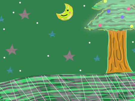 アート風クリスマス背景 アート風,12月,冬,クリスマス,木,植物,飾り,夜空,月,笑顔のイラスト素材