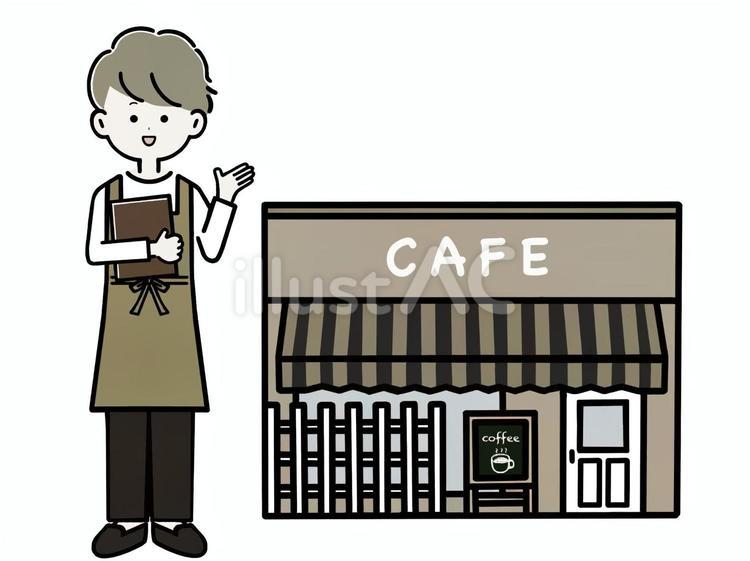 カフェと男性のカフェ店員　全身 カフェ,外観,カフェ店員のイラスト素材