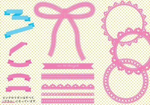 レースとリボンのセット1_Aブラシ リボン,レース,装飾,ブラシ,あしらい,セット,アピアランス,飾り枠,フレーム,パーツのイラスト素材