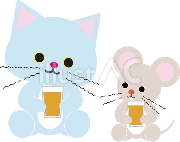 しっかり水分補給 ねこ,ねずみ,麦茶のイラスト素材