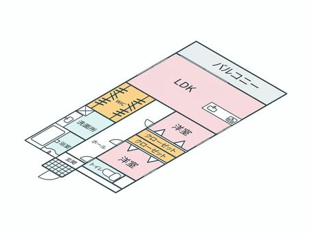 アイソメトリック_間取り18 アイソメトリック,間取り,立体,アイソメ,斜め上,間取り図,マンション,アパート,不動産,住宅のイラスト素材