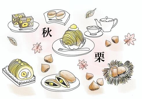 くり　スイーツ　秋 栗,秋,スイーツ,秋の味覚,どら焼き,モンブラン,洋菓子,ロールケーキ,まんじゅう,栗饅頭のイラスト素材