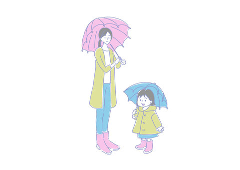 父母和孩子撐著雨傘的插圖, 雨季, 雨, 亲子, JPG, PNG 和 AI