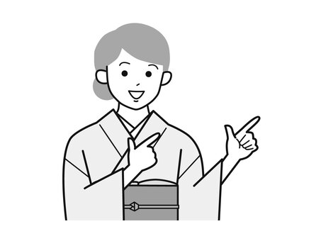 両手で指差しアピールの着物女性A／白黒 両手,指差し,アピール,女性,お母さん,着物,講師,20代,30代,40代のイラスト素材