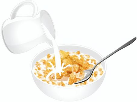 牛乳を注いだコーンフレーク2 コーンフレーク,シリアル,牛乳,朝食,料理,食べ物,ボウル,スプーンのイラスト素材