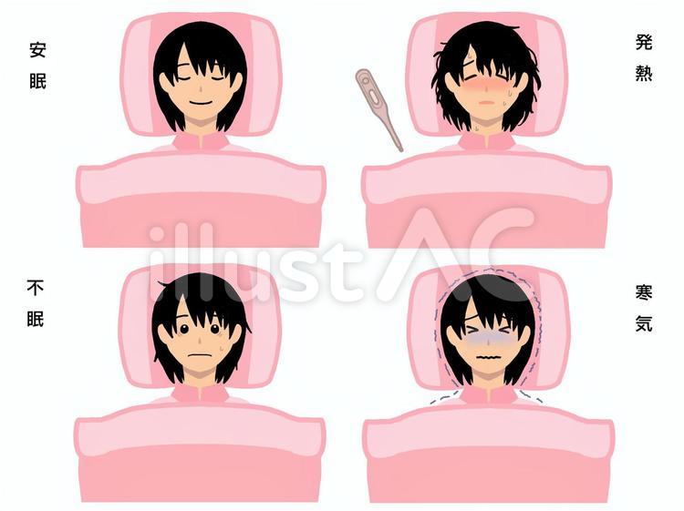 布団で寝る黒髪女性4種類 黒髪,女性,眠るのイラスト素材